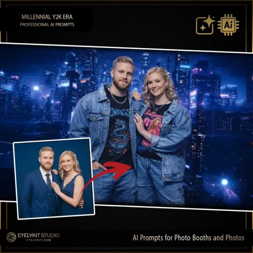 Y2K Era ai prompts for photobooths. these Y2K Era ai prompts for photobooths take standard event captures and meticulously replicate the iconic, retro-futuristic look of the late 90s and early 2000s. Whether you are booking a high-energy themed party or a nostalgic brand activation, these highly specialized photo booth prompts deliver an unparalleled level of cyber-neon lighting, authentic millennial street fashion, and jaw-dropping digital cityscapes.