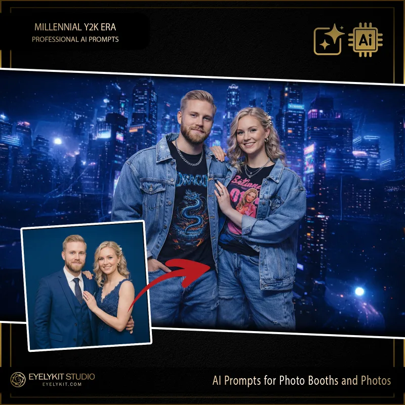 Millennial Y2K Era 1 Y2K Era ai prompts for photobooths. these Y2K Era ai prompts for photobooths take standard event captures and meticulously replicate the iconic, retro-futuristic look of the late 90s and early 2000s. Whether you are booking a high-energy themed party or a nostalgic brand activation, these highly specialized photo booth prompts deliver an unparalleled level of cyber-neon lighting, authentic millennial street fashion, and jaw-dropping digital cityscapes.
