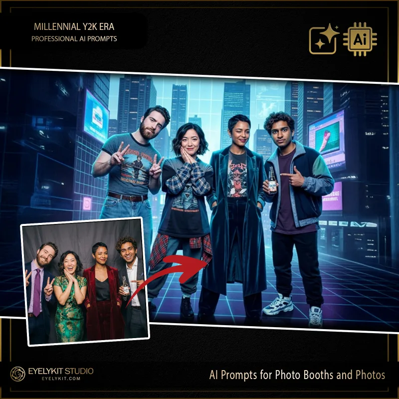 Millennial Y2K Era 2 Y2K Era ai prompts for photobooths. these Y2K Era ai prompts for photobooths take standard event captures and meticulously replicate the iconic, retro-futuristic look of the late 90s and early 2000s. Whether you are booking a high-energy themed party or a nostalgic brand activation, these highly specialized photo booth prompts deliver an unparalleled level of cyber-neon lighting, authentic millennial street fashion, and jaw-dropping digital cityscapes.