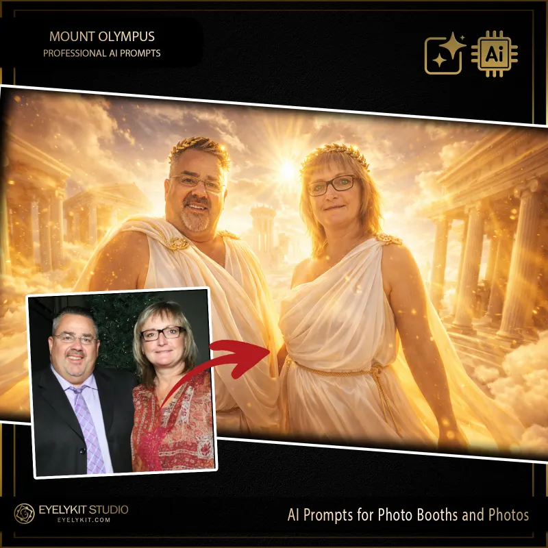 Mount Olympus 3 greek gods prompts for photobooths. The true magic lies in the environmental rendering. The AI transports your guests straight to the heavenly peaks of Mount Olympus, high above the clouds. The backdrop features majestic, ancient marble pillars and Greek temples bathed in intensely warm, golden, ethereal sunlight. The AI can even flawlessly render majestic animal companions—like a perfectly placed white horse or Pegasus—adding a touch of epic scale and humor to the shot. It creates a flawless, legendary portrait that guests will immediately rush to share.