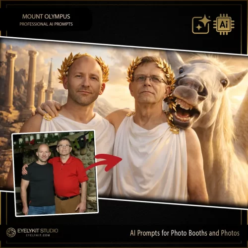 greek gods prompts for photobooths. The true magic lies in the environmental rendering. The AI transports your guests straight to the heavenly peaks of Mount Olympus, high above the clouds. The backdrop features majestic, ancient marble pillars and Greek temples bathed in intensely warm, golden, ethereal sunlight. The AI can even flawlessly render majestic animal companions—like a perfectly placed white horse or Pegasus—adding a touch of epic scale and humor to the shot. It creates a flawless, legendary portrait that guests will immediately rush to share.