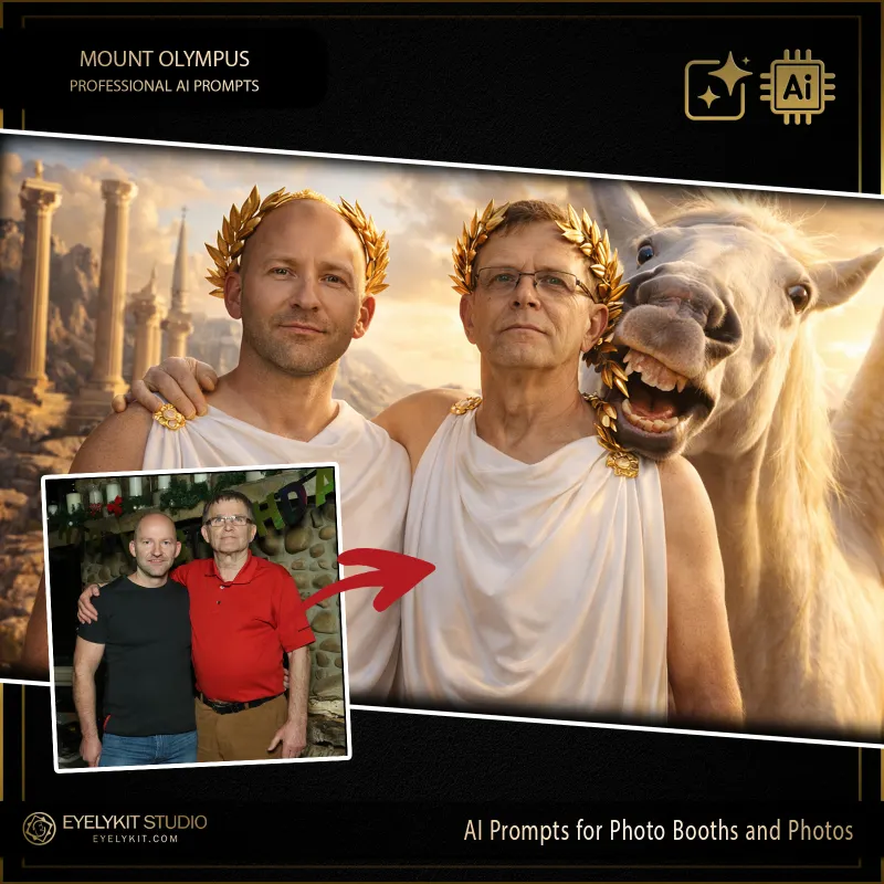 Mount Olympus 1 greek gods prompts for photobooths. The true magic lies in the environmental rendering. The AI transports your guests straight to the heavenly peaks of Mount Olympus, high above the clouds. The backdrop features majestic, ancient marble pillars and Greek temples bathed in intensely warm, golden, ethereal sunlight. The AI can even flawlessly render majestic animal companions—like a perfectly placed white horse or Pegasus—adding a touch of epic scale and humor to the shot. It creates a flawless, legendary portrait that guests will immediately rush to share.
