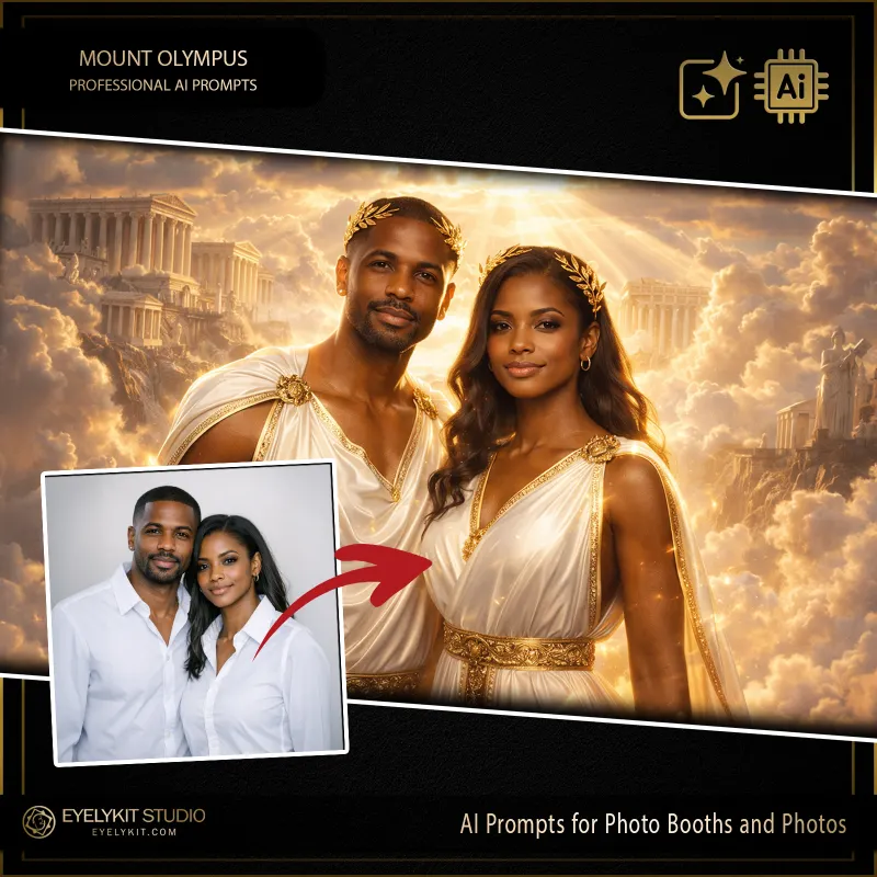 Mount Olympus 2 greek gods prompts for photobooths. The true magic lies in the environmental rendering. The AI transports your guests straight to the heavenly peaks of Mount Olympus, high above the clouds. The backdrop features majestic, ancient marble pillars and Greek temples bathed in intensely warm, golden, ethereal sunlight. The AI can even flawlessly render majestic animal companions—like a perfectly placed white horse or Pegasus—adding a touch of epic scale and humor to the shot. It creates a flawless, legendary portrait that guests will immediately rush to share.