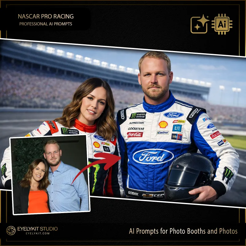 Nascar Pro Racer 1 nascar Prompts for photo booths. For high-energy corporate team-building events, auto shows, tailgate parties, and racing-themed birthdays, sports-centric experiences are a massive draw. Offering a highly detailed, hyper-realistic, and adrenaline-pumping digital transformation is the ultimate way to secure these fast-paced bookings and guarantee viral social media shares.