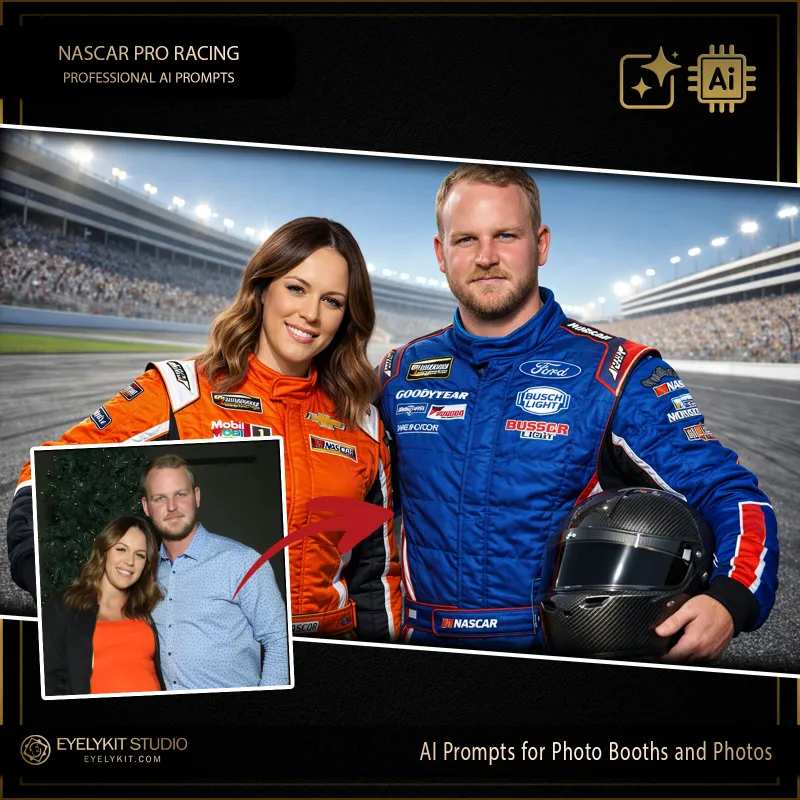 Nascar Pro Racer 2 nascar Prompts for photo booths. For high-energy corporate team-building events, auto shows, tailgate parties, and racing-themed birthdays, sports-centric experiences are a massive draw. Offering a highly detailed, hyper-realistic, and adrenaline-pumping digital transformation is the ultimate way to secure these fast-paced bookings and guarantee viral social media shares.