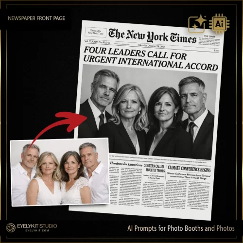 new york times cover prompts for photo booths and photo generation using ai. Widely regarded as some of the best prompts for ai photo booths, these professional digital assets allow you to offer a highly authentic, specialized character and environmental transformation that physical props cannot replicate.