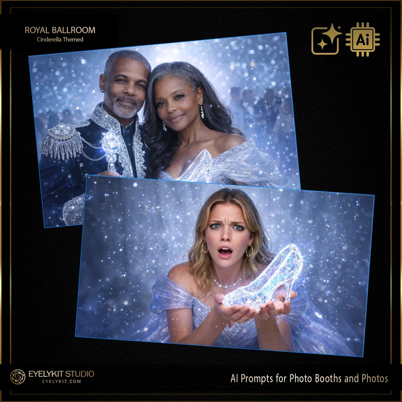 Glass Slipper Royal Gala 2 Cinderella Ball prompts for photobooths. The AI transports your guests to a grand, palatial ballroom bathed in cool, ethereal blue lighting and a flurry of sparkling fairy dust. To complete the ultimate fairytale illusion, a perfectly rendered, glowing glass slipper is seamlessly integrated into the scene—either floating magically between a couple or held gently in a guest's hands. The contrast between the sparkling magic and the opulent attire creates a flawless portrait that guests will treasure long after the clock strikes midnight.