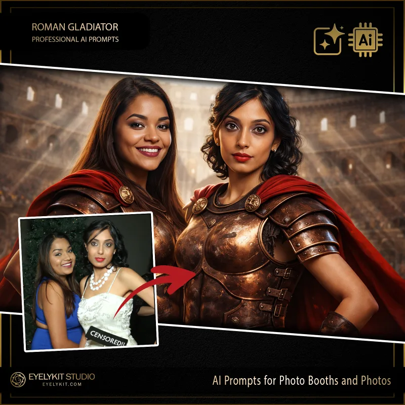 Roman Gladiator 2 Roman Gladiator prompts for photobooths. these Roman Gladiator prompts for photobooths take standard event captures and meticulously replicate the gritty, cinematic look of ancient Roman warriors. Whether you are booking a corporate team-building retreat, an epic themed fraternity party, or a historical society gala, these highly specialized photo booth prompts deliver an unparalleled level of dramatic arena lighting, intricately detailed metallic armor, and jaw-dropping cinematic dust and atmosphere.
