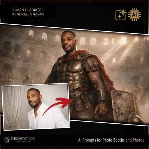 Roman Gladiator prompts for photobooths. these Roman Gladiator prompts for photobooths take standard event captures and meticulously replicate the gritty, cinematic look of ancient Roman warriors. Whether you are booking a corporate team-building retreat, an epic themed fraternity party, or a historical society gala, these highly specialized photo booth prompts deliver an unparalleled level of dramatic arena lighting, intricately detailed metallic armor, and jaw-dropping cinematic dust and atmosphere.