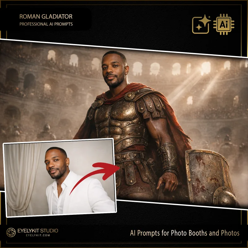 Roman Gladiator 1 Roman Gladiator prompts for photobooths. these Roman Gladiator prompts for photobooths take standard event captures and meticulously replicate the gritty, cinematic look of ancient Roman warriors. Whether you are booking a corporate team-building retreat, an epic themed fraternity party, or a historical society gala, these highly specialized photo booth prompts deliver an unparalleled level of dramatic arena lighting, intricately detailed metallic armor, and jaw-dropping cinematic dust and atmosphere.