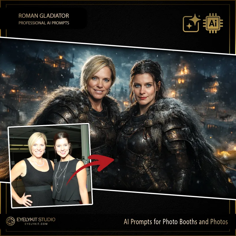 Roman Gladiator 3 Roman Gladiator prompts for photobooths. these Roman Gladiator prompts for photobooths take standard event captures and meticulously replicate the gritty, cinematic look of ancient Roman warriors. Whether you are booking a corporate team-building retreat, an epic themed fraternity party, or a historical society gala, these highly specialized photo booth prompts deliver an unparalleled level of dramatic arena lighting, intricately detailed metallic armor, and jaw-dropping cinematic dust and atmosphere.
