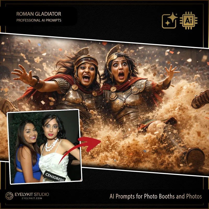 Roman Gladiator 4 Roman Gladiator prompts for photobooths. these Roman Gladiator prompts for photobooths take standard event captures and meticulously replicate the gritty, cinematic look of ancient Roman warriors. Whether you are booking a corporate team-building retreat, an epic themed fraternity party, or a historical society gala, these highly specialized photo booth prompts deliver an unparalleled level of dramatic arena lighting, intricately detailed metallic armor, and jaw-dropping cinematic dust and atmosphere.