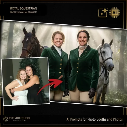 Equestrian prompts for photobooths. The AI places your guests in a serene, sun-dappled old-growth forest. Shafts of warm, golden sunlight break through the misty trees, creating a flawless, heroic glow. To complete the "old money" illusion, magnificent, highly detailed horses (ranging from rich bays to dappled greys) are seamlessly integrated into the background behind the guests, turning a quick selfie into a masterpiece of aristocratic portraiture.