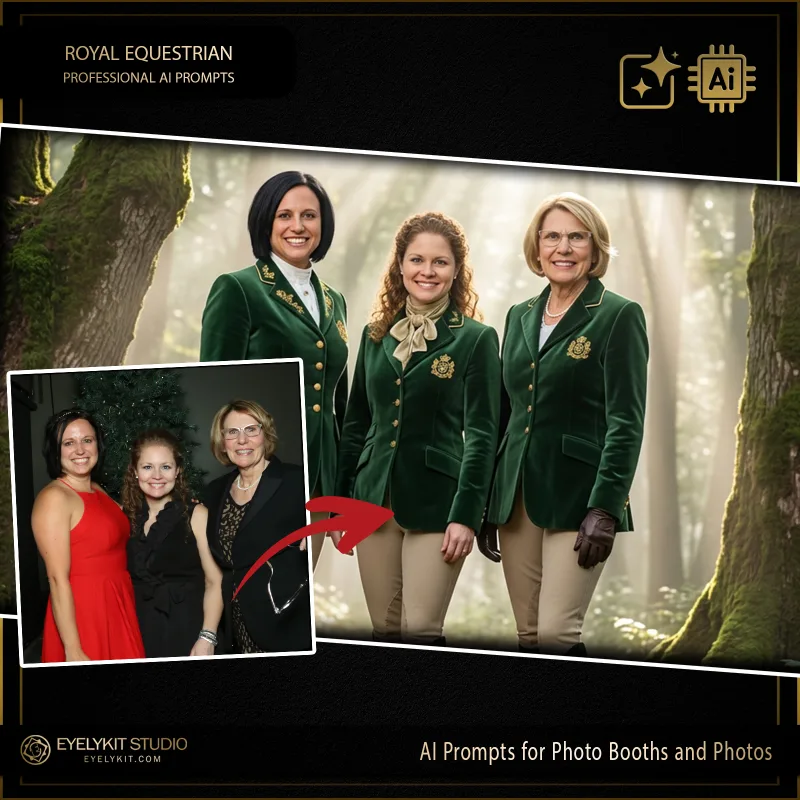 Royal Equestrian 2 Equestrian prompts for photobooths. The AI places your guests in a serene, sun-dappled old-growth forest. Shafts of warm, golden sunlight break through the misty trees, creating a flawless, heroic glow. To complete the "old money" illusion, magnificent, highly detailed horses (ranging from rich bays to dappled greys) are seamlessly integrated into the background behind the guests, turning a quick selfie into a masterpiece of aristocratic portraiture.