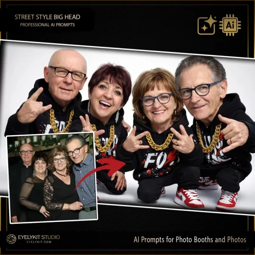 Street Style Big Head prompts for photo booths. Caricatures and "bobblehead" effects are currently taking the event industry by storm, offering a hilarious, highly shareable experience that appeals to guests of all ages. From sweet sixteens and bar mitzvahs to corporate holiday parties and weddings, this is the ultimate icebreaker.