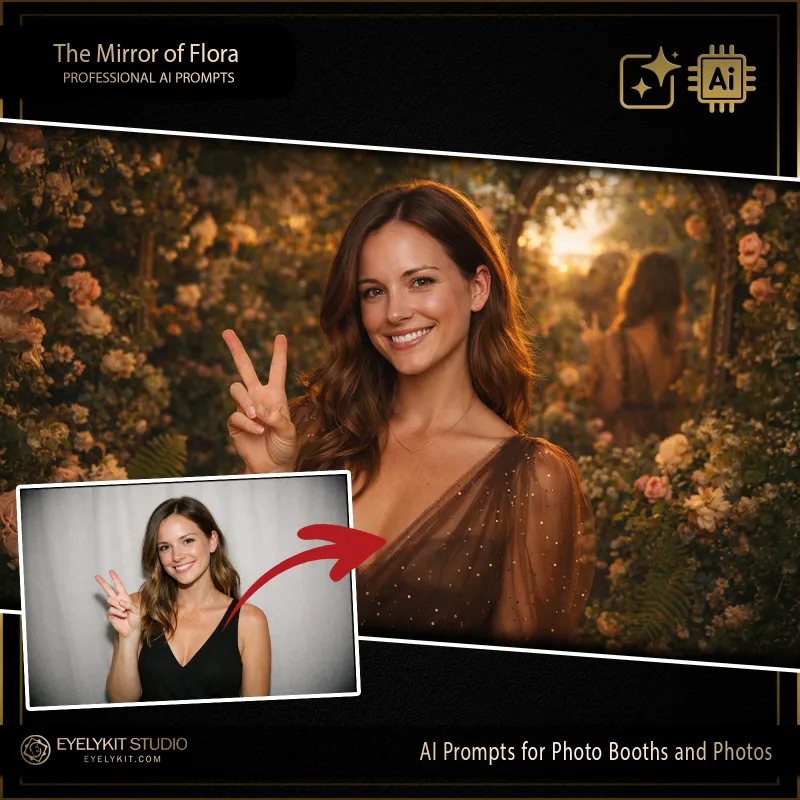The Mirror of Flora 2 enchanted gardens prompts for photo booths and photos. Immerse your clients in a breathtaking, ethereal woodland with The Mirror of Flora AI prompt pack.