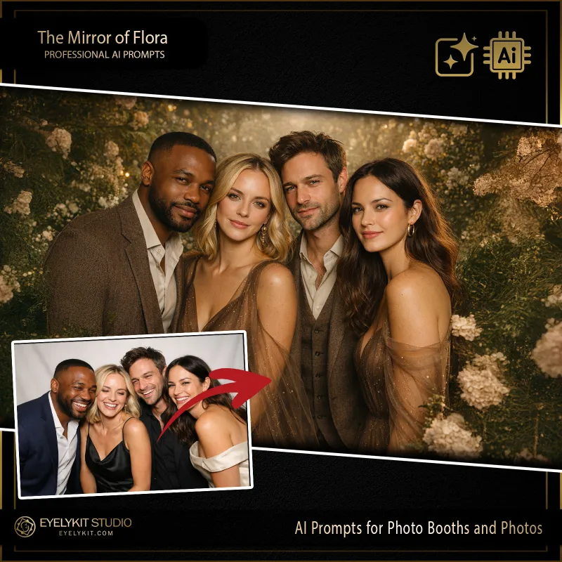 The Mirror of Flora 1 enchanted gardens prompts for photo booths and photos. Immerse your clients in a breathtaking, ethereal woodland with The Mirror of Flora AI prompt pack.