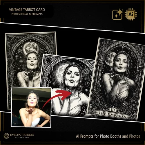 vintage tarrot card prompts for photo booths and photos. Utilizing advanced generative AI, these vintage tarrot card prompts take standard event captures and meticulously replicate the look of a classic, antique tarot deck.