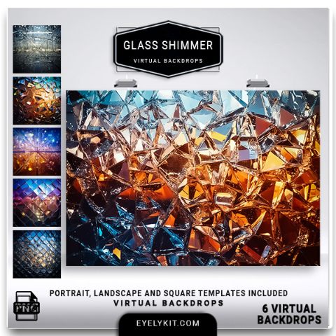 Glass Shimmer Backgrounds For photo booths- This set of six high-fidelity photo booth virtual backdrops delivers a sophisticated "brilliant and stunning" aesthetic that mimics prismatic light refraction, iridescent surfaces, and crystalline sparkle.