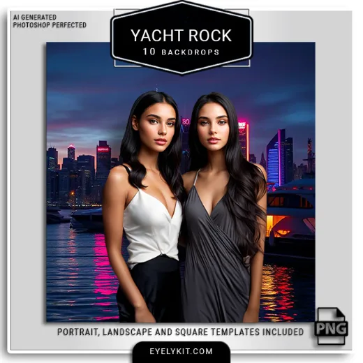 10 Yacht Rock backgrounds 3 yacht rock backgrounds for photo booths, overlays and templates. 10 masterfully generated photo booth virtual backdrops, this collection transports your guests to luxury yacht decks, neon-drenched coastal skylines, golden hour marinas, and pristine tropical beaches.
