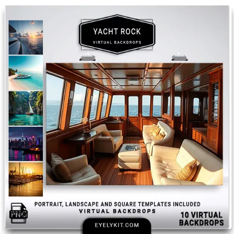 yacht rock backgrounds for photo booths, overlays and templates. 10 masterfully generated photo booth virtual backdrops, this collection transports your guests to luxury yacht decks, neon-drenched coastal skylines, golden hour marinas, and pristine tropical beaches.
