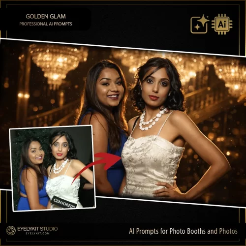 Golden Glam prompts for photo booths and photos. Widely regarded as some of the best prompts for ai photo booths, these professional digital assets allow you to offer a dramatic, wealthy character transformation that standard sequin backdrops simply cannot match.
