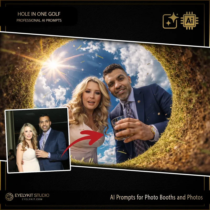 Hole In One Golf 2 Hole In One Golf prompts for photobooths. Utilizing advanced generative AI, these Hole In One Golf prompts for photobooths take standard event captures and meticulously place your guests in a wildly creative environment: looking straight down into the golf cup! Whether you are booking a massive charity scramble, a Master's viewing party, or an upscale country club wedding, these highly specialized technical strings deliver an unparalleled level of dynamic lighting, realistic turf textures, and jaw-dropping visual comedy.