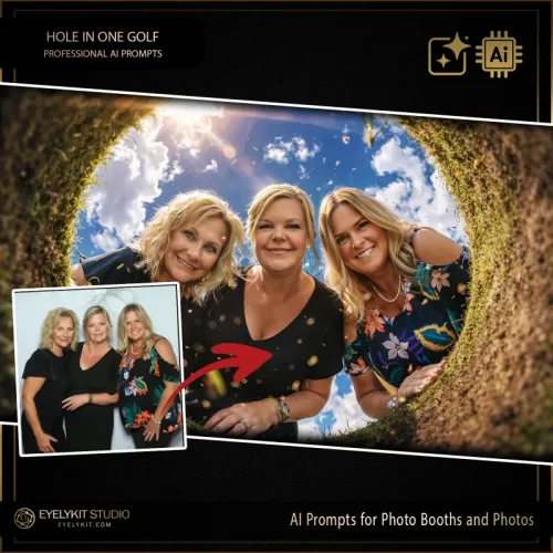 Hole In One Golf prompts for photobooths. Utilizing advanced generative AI, these Hole In One Golf prompts for photobooths take standard event captures and meticulously place your guests in a wildly creative environment: looking straight down into the golf cup! Whether you are booking a massive charity scramble, a Master's viewing party, or an upscale country club wedding, these highly specialized technical strings deliver an unparalleled level of dynamic lighting, realistic turf textures, and jaw-dropping visual comedy.