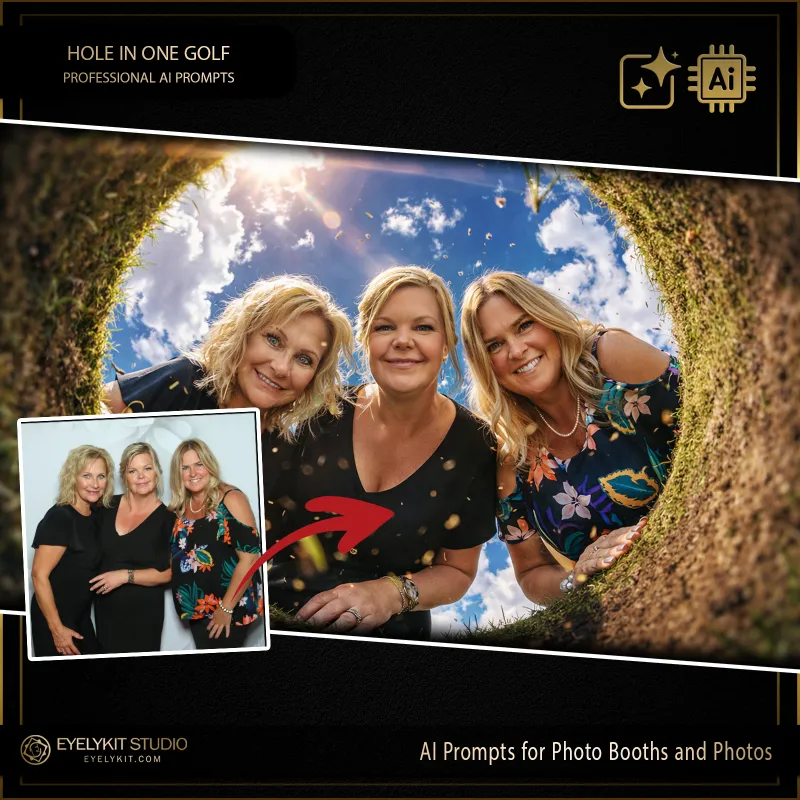 Hole In One Golf 1 Hole In One Golf prompts for photobooths. Utilizing advanced generative AI, these Hole In One Golf prompts for photobooths take standard event captures and meticulously place your guests in a wildly creative environment: looking straight down into the golf cup! Whether you are booking a massive charity scramble, a Master's viewing party, or an upscale country club wedding, these highly specialized technical strings deliver an unparalleled level of dynamic lighting, realistic turf textures, and jaw-dropping visual comedy.