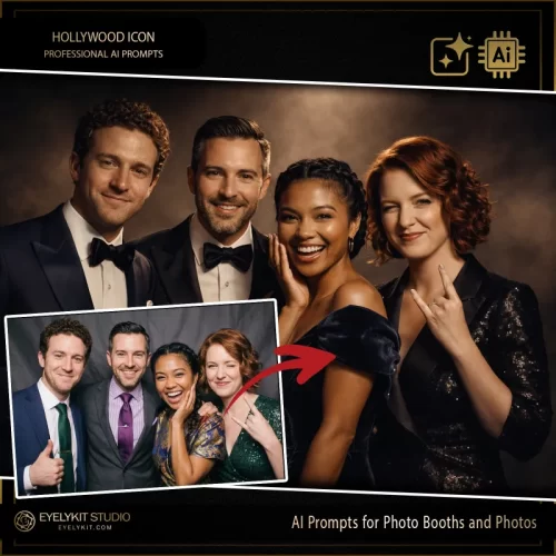 vintage hollywood prompts for photo booths and photos. Classic, Golden Age glamour is a timeless aesthetic that commands top-tier pricing for luxury weddings, Oscar-themed galas, and high-end corporate holiday parties.