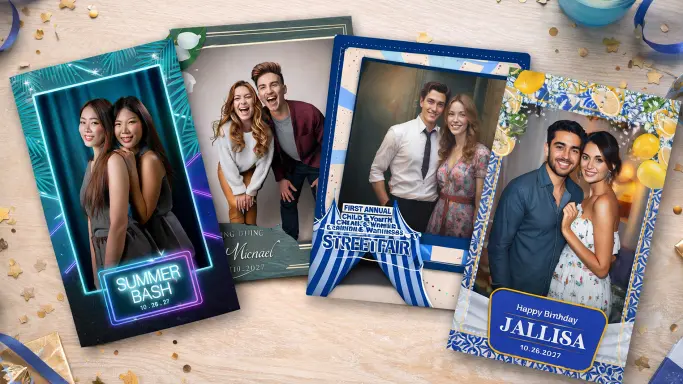 creating a Photo booth overlay. what is a photo booth overlay. photo of professional photo booth templates on display