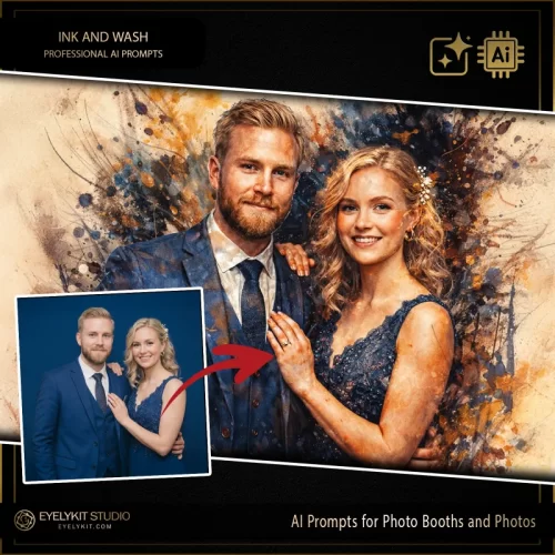 ink and wash ai prompts for photo booths and photos. offering a breathtaking watercolor and ink transformation is the perfect way to secure bookings for luxury weddings, art gallery openings, and creative corporate retreats.