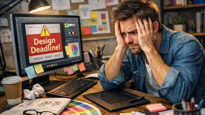 photo-of-a-upset-graphic-designer-sitting-at-a-computer. The Ultimate Guide to Custom Photo Booth Overlays and Designer-Client Communication.