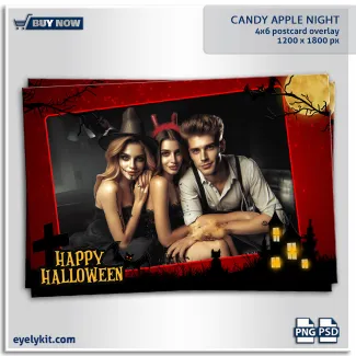 candy apply halloween overlay template for photo booths. The vibrant aesthetic features a deep crimson red night sky framed by classic haunted house silhouettes, glowing yellow windows, a full moon, and flying bats. Anchoring the design is a playful "HAPPY HALLOWEEN" title layer. Fully compatible with Snappic, Touchpix, Foto Master, and Darkroom Booth, this template is undeniably one of the best photo booth overlays for the digital-first event market.