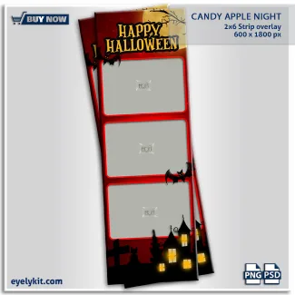 candy apply halloween overlay template for photo booths. The vibrant aesthetic features a deep crimson red night sky framed by classic haunted house silhouettes, glowing yellow windows, a full moon, and flying bats. Anchoring the design is a playful "HAPPY HALLOWEEN" title layer. Fully compatible with Snappic, Touchpix, Foto Master, and Darkroom Booth, this template is undeniably one of the best photo booth overlays for the digital-first event market.