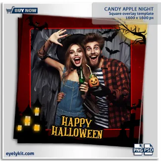 candy apply halloween overlay template for photo booths. The visual experience of this template is striking and richly colored. The backdrop sets a moody tone with a deep, textured candy-apple red night sky speckled with subtle stars.