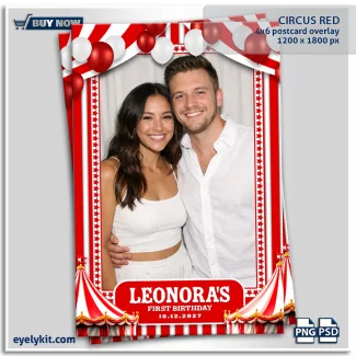 Circus themed photo booth templates. this template features a rich, textured deep red background that perfectly evokes the feel of an old-school circus tent canvas. A striking, ornate gold filigree and scrollwork border frames the single landscape photo slot, adding an air of vintage elegance.