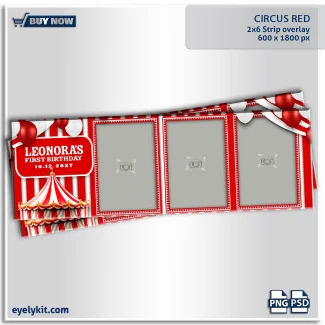 Circus themed photo booth templates. this template features a rich, textured deep red background that perfectly evokes the feel of an old-school circus tent canvas. A striking, ornate gold filigree and scrollwork border frames the single landscape photo slot, adding an air of vintage elegance.