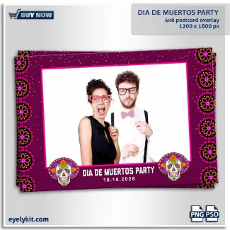 dia de muertos themed photobooth templates. Framing the left and right edges of the design are repeating, stylized floral patterns in eye-popping shades of hot pink, neon orange, and deep purple—reminiscent of traditional marigolds (cempasúchil). The single large landscape photo slot is bordered by a crisp hot-pink stroke.