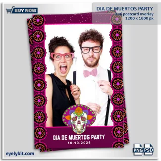 dia de muertos themed photobooth templates. Framing the left and right edges of the design are repeating, stylized floral patterns in eye-popping shades of hot pink, neon orange, and deep purple—reminiscent of traditional marigolds (cempasúchil). The single large landscape photo slot is bordered by a crisp hot-pink stroke.