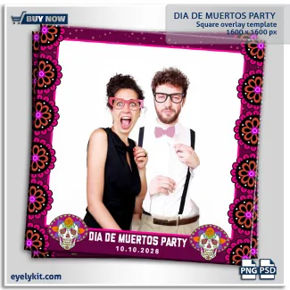 dia de muertos themed photobooth templates. Framing the left and right edges of the design are repeating, stylized floral patterns in eye-popping shades of hot pink, neon orange, and deep purple—reminiscent of traditional marigolds (cempasúchil). The single large landscape photo slot is bordered by a crisp hot-pink stroke.