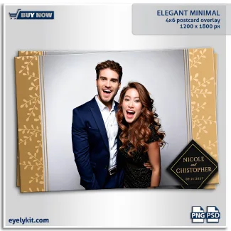 elegant minimal photobooth overlay template. Framing the left and right edges are soft, matte gold panels adorned with a delicate, minimalist white botanical leaf and vine pattern. Subtle, thin vertical lines in complementary tones provide a crisp inner border for the photo. Anchoring the design in the bottom right corner is a highly stylized, sharp black diamond (rhombus) featuring a sleek gold border. Inside this geometric accent, fully editable text layers elegantly display the couples' names and the event date. It is a masterpiece of modern, minimal design.