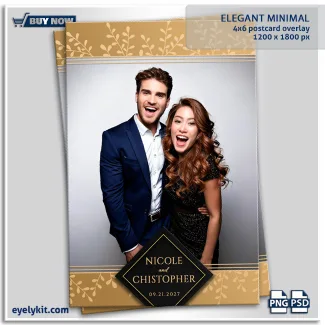elegant minimal photobooth overlay template. Framing the left and right edges are soft, matte gold panels adorned with a delicate, minimalist white botanical leaf and vine pattern. Subtle, thin vertical lines in complementary tones provide a crisp inner border for the photo. Anchoring the design in the bottom right corner is a highly stylized, sharp black diamond (rhombus) featuring a sleek gold border. Inside this geometric accent, fully editable text layers elegantly display the couples' names and the event date. It is a masterpiece of modern, minimal design.