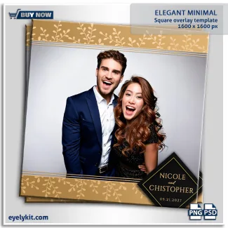 elegant minimal photobooth overlay template. Framing the left and right edges are soft, matte gold panels adorned with a delicate, minimalist white botanical leaf and vine pattern. Subtle, thin vertical lines in complementary tones provide a crisp inner border for the photo. Anchoring the design in the bottom right corner is a highly stylized, sharp black diamond (rhombus) featuring a sleek gold border. Inside this geometric accent, fully editable text layers elegantly display the couples' names and the event date. It is a masterpiece of modern, minimal design.