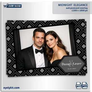 black and grey photobooth template OVERLAY. features a bold, repeating geometric pattern of interlocking diamonds in sophisticated shades of black, charcoal, and silver. Anchoring the bottom corner is a chic, dark grey hexagonal text frame holding fully editable layers for names and dates. It is the ultimate sleek aesthetic for black-tie weddings, modern galas, and upscale corporate events. Optimized for 300 DPI high-resolution printing and tested for flawless compatibility as overlays for snappic, Darkroom Booth, and dslrBooth, this template is an essential addition to your inventory of overlay templates for photo booths.