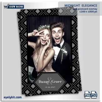 black and grey photobooth template OVERLAY. features a bold, repeating geometric pattern of interlocking diamonds in sophisticated shades of black, charcoal, and silver. Anchoring the bottom corner is a chic, dark grey hexagonal text frame holding fully editable layers for names and dates. It is the ultimate sleek aesthetic for black-tie weddings, modern galas, and upscale corporate events. Optimized for 300 DPI high-resolution printing and tested for flawless compatibility as overlays for snappic, Darkroom Booth, and dslrBooth, this template is an essential addition to your inventory of overlay templates for photo booths.