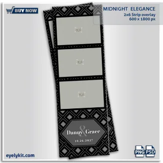 black and grey photobooth template OVERLAY. features a bold, repeating geometric pattern of interlocking diamonds in sophisticated shades of black, charcoal, and silver. Anchoring the bottom corner is a chic, dark grey hexagonal text frame holding fully editable layers for names and dates. It is the ultimate sleek aesthetic for black-tie weddings, modern galas, and upscale corporate events. Optimized for 300 DPI high-resolution printing and tested for flawless compatibility as overlays for snappic, Darkroom Booth, and dslrBooth, this template is an essential addition to your inventory of overlay templates for photo booths.