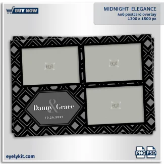 black and grey photobooth template OVERLAY. features a bold, repeating geometric pattern of interlocking diamonds in sophisticated shades of black, charcoal, and silver. Anchoring the bottom corner is a chic, dark grey hexagonal text frame holding fully editable layers for names and dates. It is the ultimate sleek aesthetic for black-tie weddings, modern galas, and upscale corporate events. Optimized for 300 DPI high-resolution printing and tested for flawless compatibility as overlays for snappic, Darkroom Booth, and dslrBooth, this template is an essential addition to your inventory of overlay templates for photo booths.