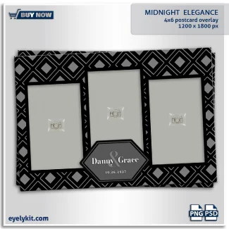black and grey photobooth template OVERLAY. features a bold, repeating geometric pattern of interlocking diamonds in sophisticated shades of black, charcoal, and silver. Anchoring the bottom corner is a chic, dark grey hexagonal text frame holding fully editable layers for names and dates. It is the ultimate sleek aesthetic for black-tie weddings, modern galas, and upscale corporate events. Optimized for 300 DPI high-resolution printing and tested for flawless compatibility as overlays for snappic, Darkroom Booth, and dslrBooth, this template is an essential addition to your inventory of overlay templates for photo booths.