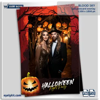 Blood Sky Halloween Overlay Template for photo booths featuring a blood sky red background and a scary pumpkin. editable psd photo booth overlay template.